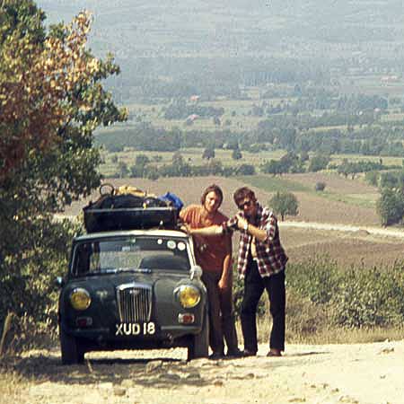 Bernard made several extensive tours across Europe. Pictured here next to Martin Lane's Mini with ceramacist Martin Hughes on a particlarly rough Bulgarian road