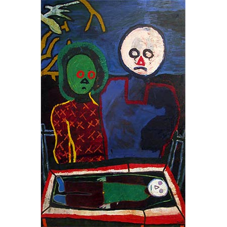Grieving 1973, Oil on calico 195cm x 120cm. Included in entrance portfolio for the Royal College of Art, London