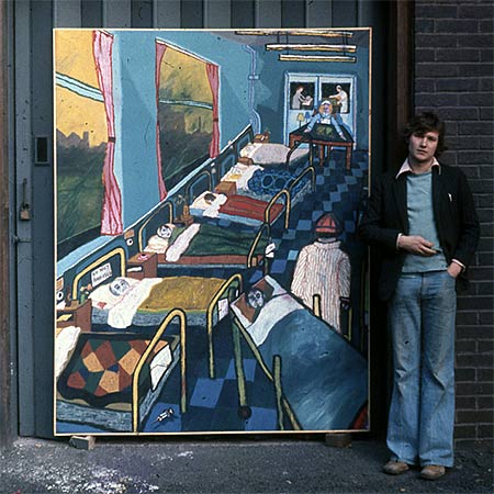 Ollis outside The Royal College of Art, London with: Hospital Ward 1976, Oil on canvas 213 x 152cm