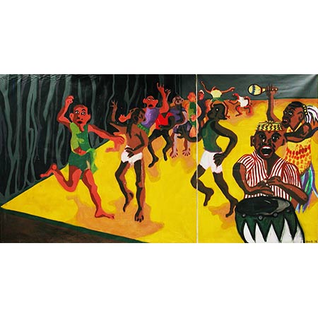 Dance rehearsal - (Work resulting from a British Council Scholarship to Malta in April 1975), Oil on canvas, Panel 1 213 x 274cm, Panel 2 213 x 152cm