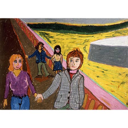 Celia Pike and Bernard, together with Jim and Ann Hunter take a walk by the Seine, Paris series 1974, Oil pastel on paper, 30 x 46cm