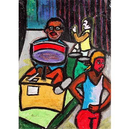 Rehearsal of the calypso - Malta 1975, Oil pastel on paper, 41 x 29cm