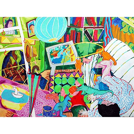 Myfanwys World 1985/86, Oil stick/oil on canvas, 204 x 272cm