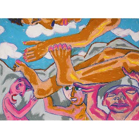 Trying to hold a giant person up 1987, Oil pastel on paper, 55 x 75cm