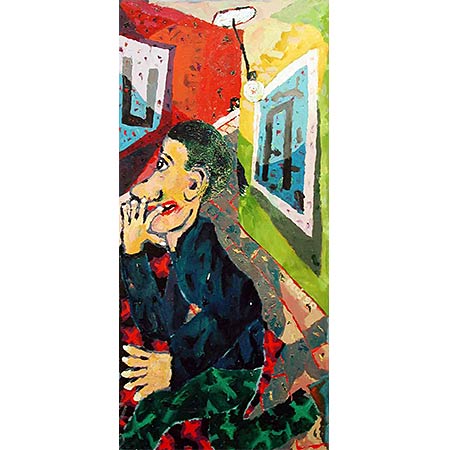 Man running through an art gallery 1990, Oil on canvas, 168 x 78cm