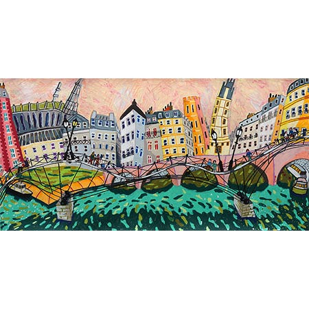 Pont Des Arts with Pink Sky, Paris 2012, Oil pastel on paper, 65 x 140cm