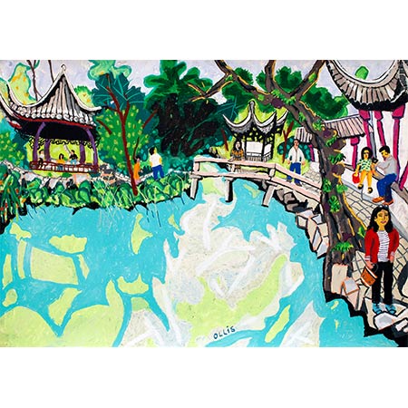 Red and Striped Girl Suzhou 2015, Oil pastel on paper 71 x 101cm