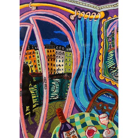 Seine Views with Blue Curtain 2012, Oil pastel on paper, 76 x 58cm